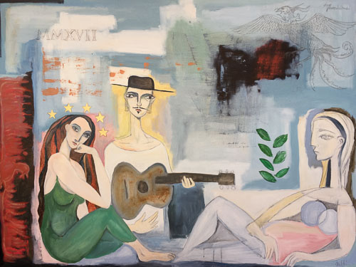 Artwork featuring two women and man with guitar