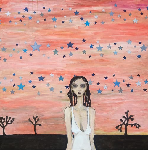 Artwork featuring woman amid joshua trees and stars