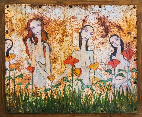 Artwork featuring four women among poppies
