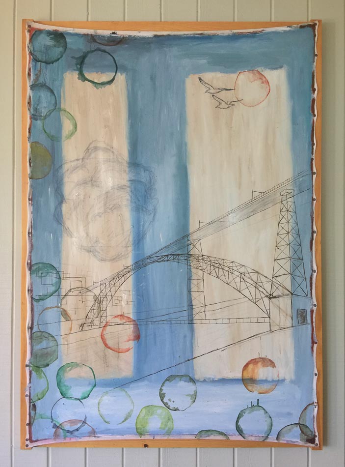 Artwork featuring birds, bridge and circles