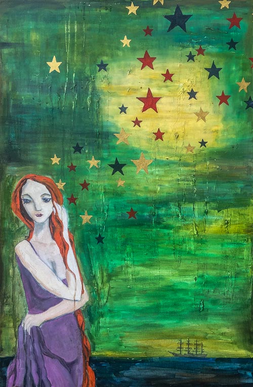 Artwork featuring woman in purple dress