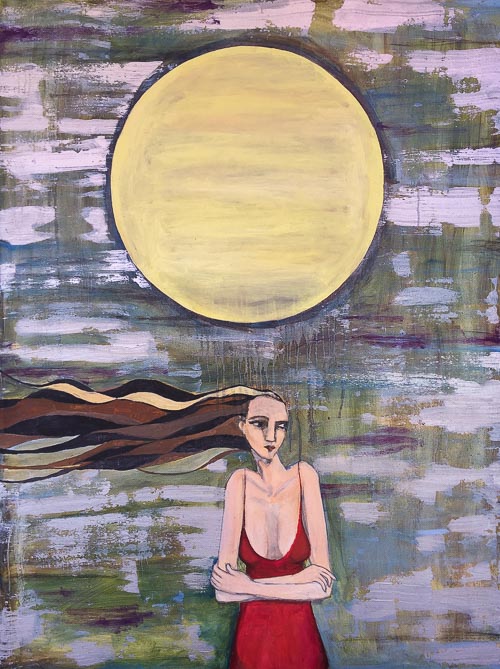 Artwork featuring woman with large yellow sphere