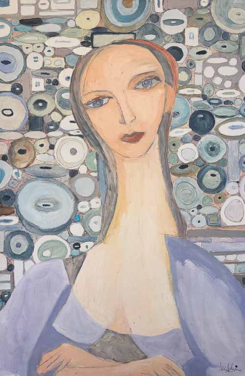 Artwork featuring two woman in lavender with abstract background